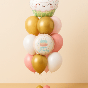 Helium Balloon Bouquet with 11 latex Balloons with Large Cupcake and small Foil