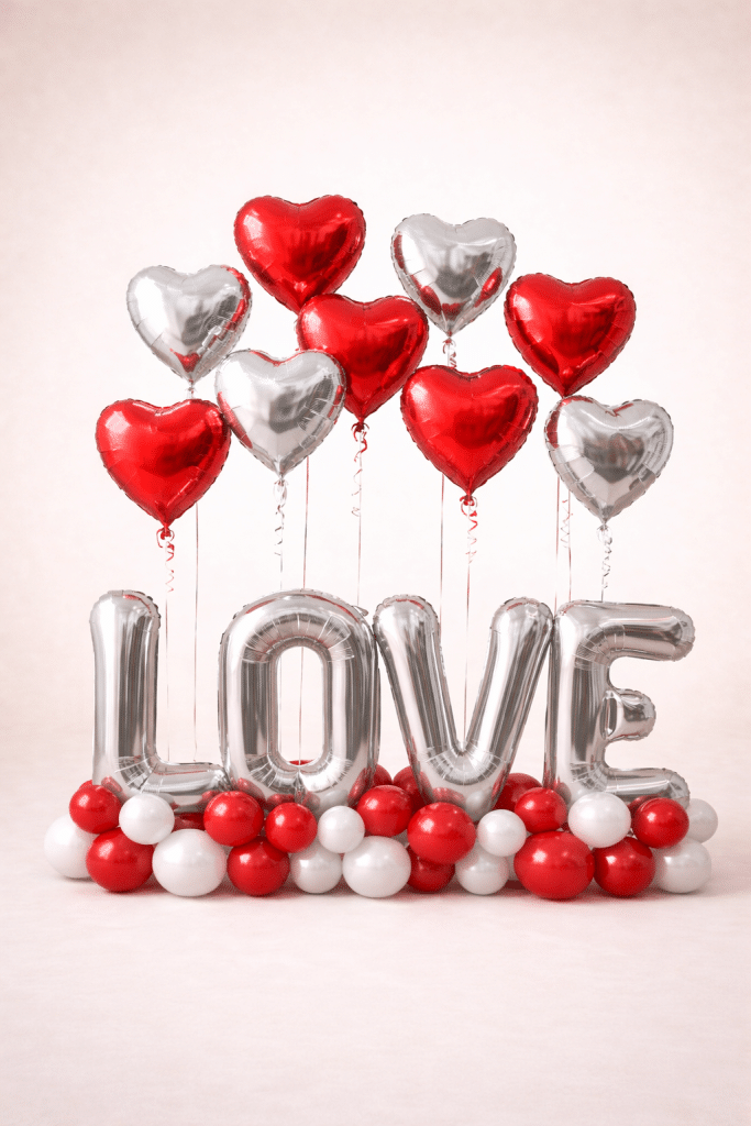Valentine’s Day LOVE balloon arrangement with silver foil letter balloons, red and white latex balloon base, and red and silver heart-shaped foil balloons.