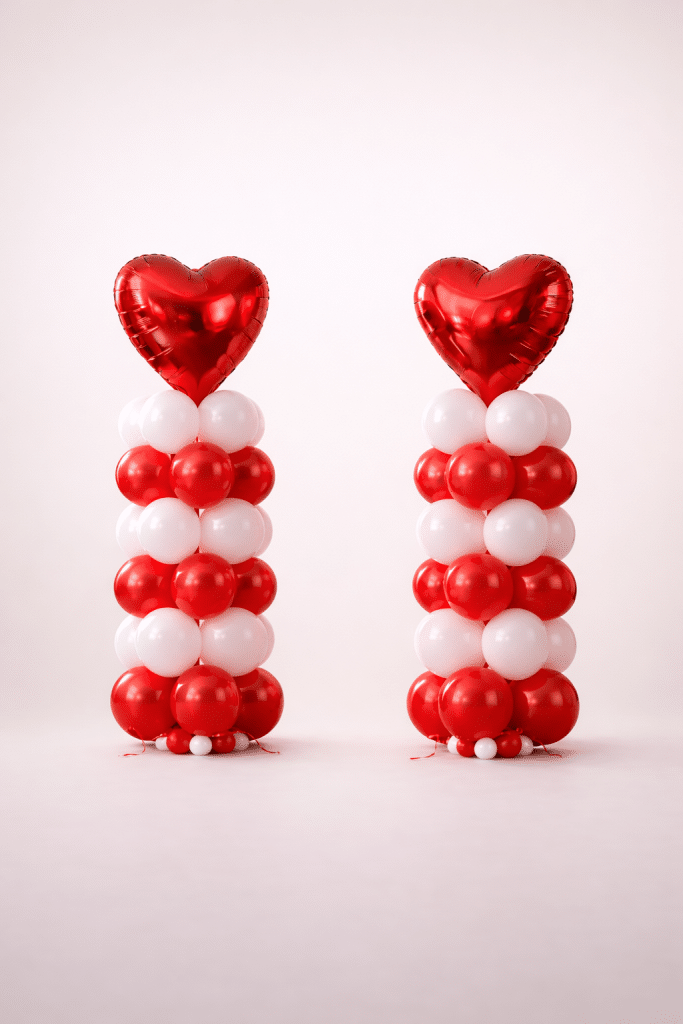 Pair of Valentine’s Day balloon towers with red heart-shaped foil balloons, alternating red and white latex balloon columns, and compact balloon bases on a neutral background.