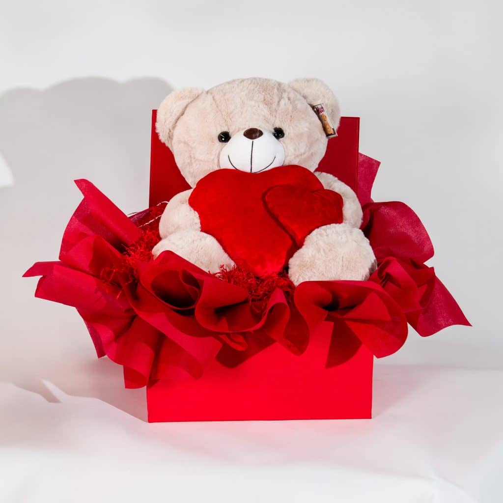 Valentine gift box with teddy bear holding red heart in elegant red romantic packaging on a neutral background