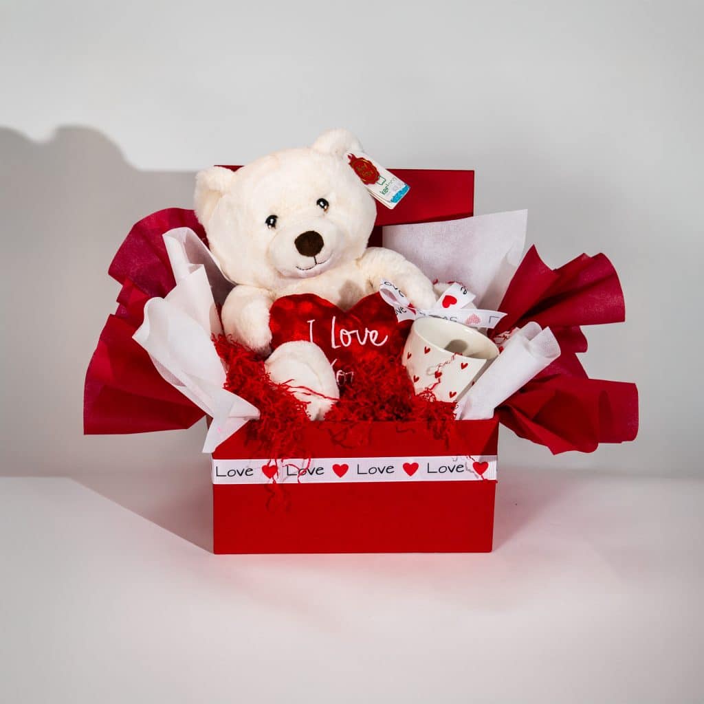 Valentine gift box with teddy bear holding I Love You heart and heart pattern mug in red and white romantic packaging on a neutral background