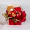 Valentine luxury gift box with teddy bear holding I Love You heart, small forever rose, heart mug and red gold romantic wrapping in red gift box on neutral background