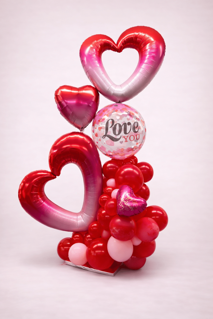 Valentine’s Day balloon column with red and blush heart-shaped foil balloons, Love You printed foil balloon, and red and pink latex balloon base on a neutral background.