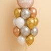 Elegant birthday balloon bouquet with a blush pink “Happy Birthday” foil balloon and 14 latex balloons in gold, rose gold, silver, and ivory tones, arranged over a matching balloon base.