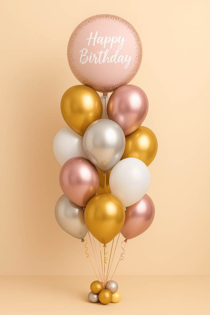 Elegant birthday balloon bouquet with a “Happy Birthday” foil balloon and 12 latex balloons in gold, rose gold, silver, and white, anchored by a matching balloon base.