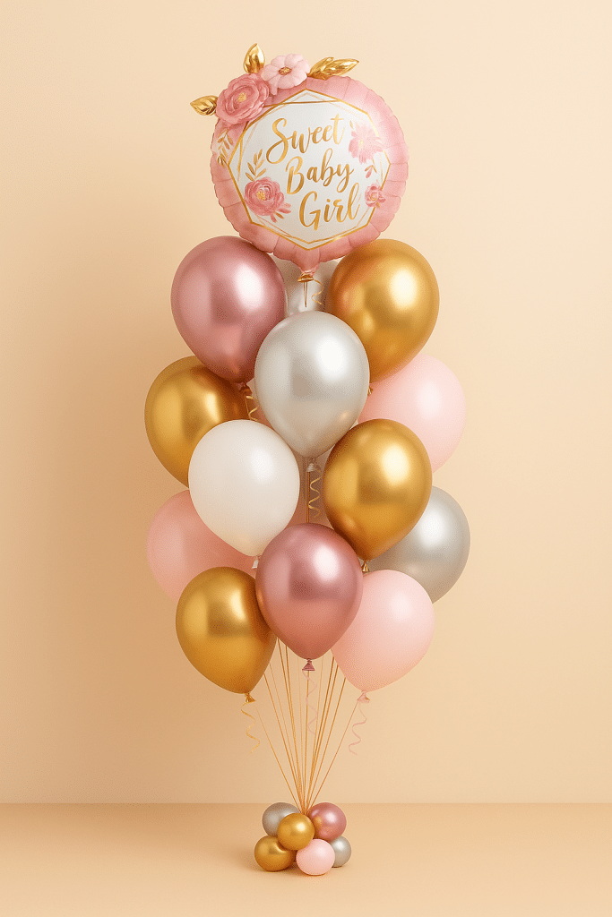 Balloon bouquet with a “Sweet Baby Girl” floral foil balloon, surrounded by metallic gold, rose gold, silver, and pastel pink latex balloons arranged in a cluster.