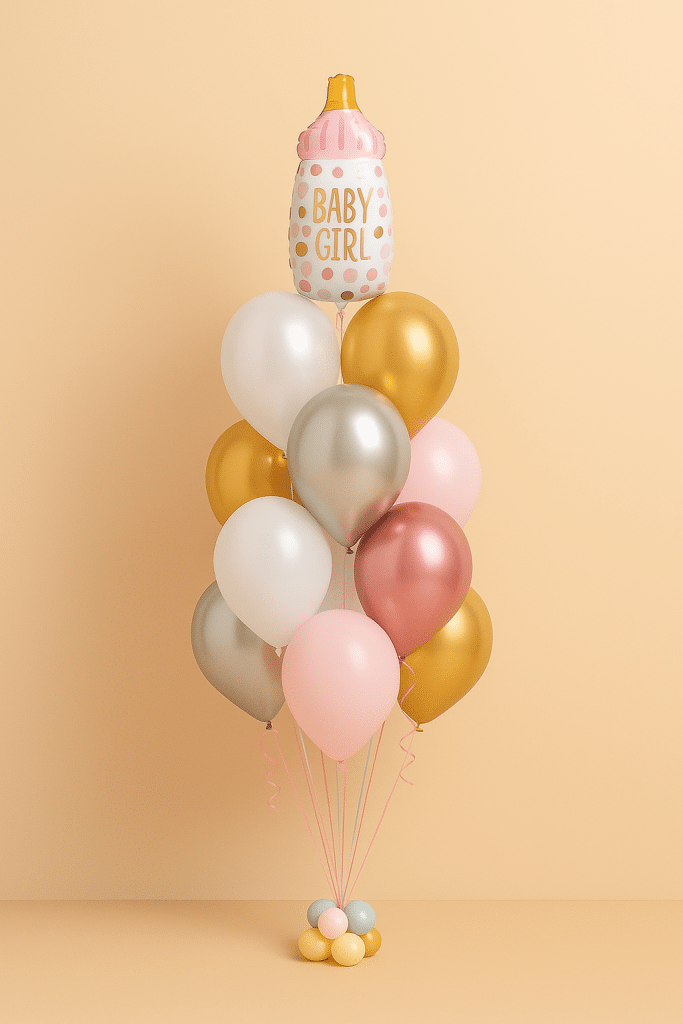 Balloon bouquet with a pink and gold baby bottle foil balloon, complemented by gold, silver, pink, and white latex balloons on a pastel-colored balloon base.