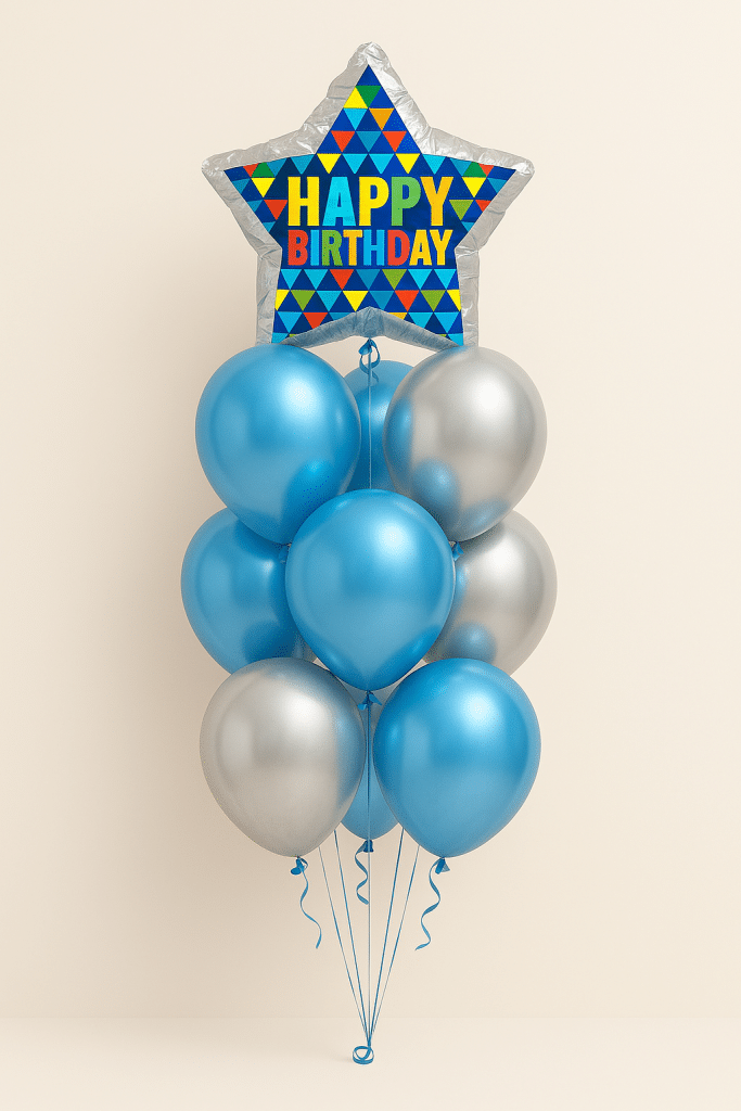 Balloon bouquet featuring a star-shaped foil balloon with a colorful “Happy Birthday” design, complemented by metallic blue and silver latex balloons, tied with matching ribbons.
