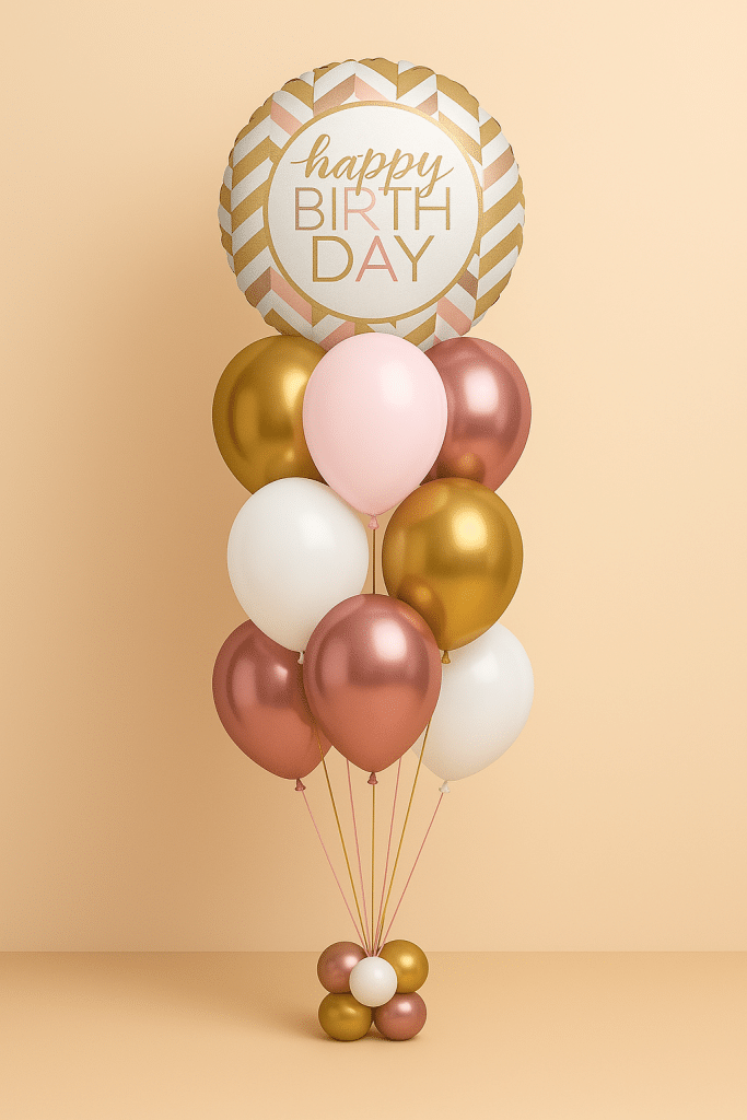 Balloon arrangement featuring a round “Happy Birthday” foil balloon in soft gold and blush pink, accompanied by an elegant mix of rose gold, gold, white, and blush pink latex balloons, tied with coordinated ribbons and arranged in a stylish tiered display.
