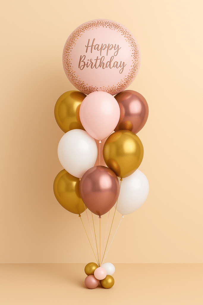 Balloon bouquet with a large blush pink “Happy Birthday” foil balloon, surrounded by gold, rose gold, soft pink, and white latex balloons, all elegantly tied with matching ribbons and arranged on a stylish balloon base.