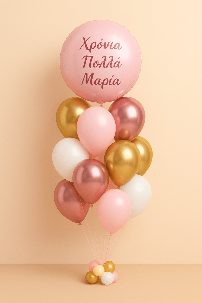 Balloon bouquet featuring a blush pink foil balloon with personal message and a mix of gold, rose gold, pink, and white latex balloons arranged on a mini balloon base.