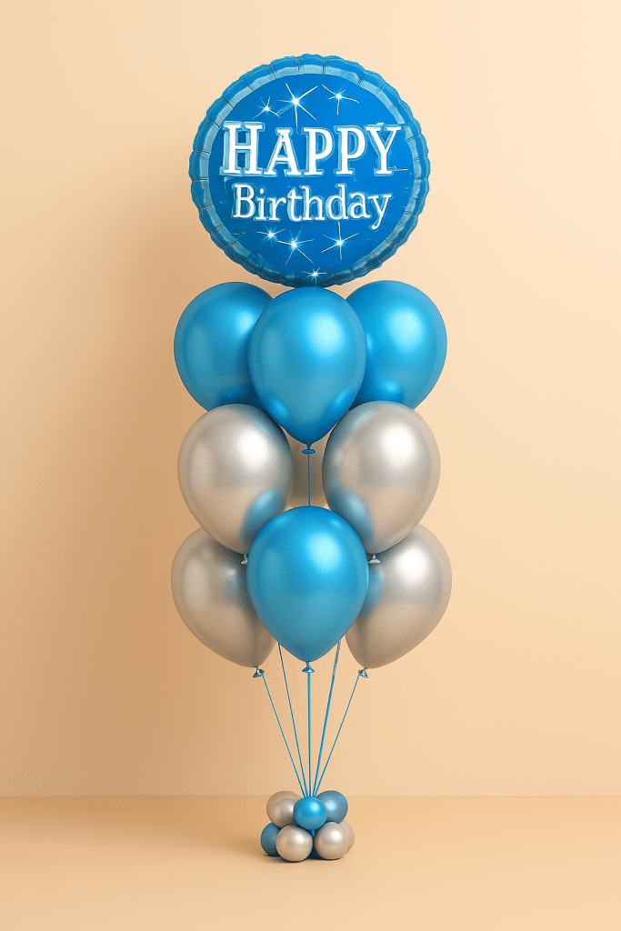 Balloon bouquet with a large blue foil “Happy Birthday” balloon, surrounded by metallic blue and silver latex balloons, and a blue-and-silver mini balloon base.