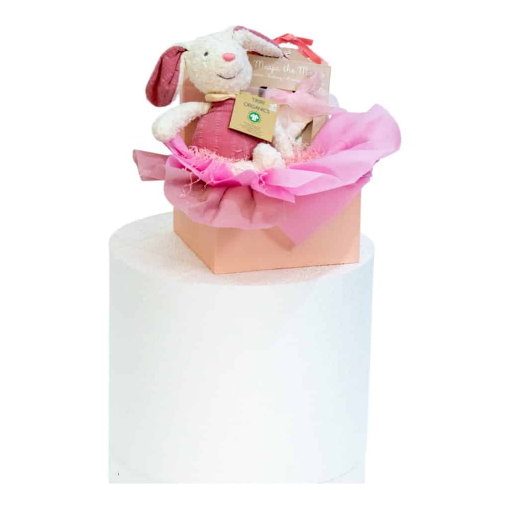 Eco baby girl gift box with organic bunny plush and Meiya the Mouse rubber teether