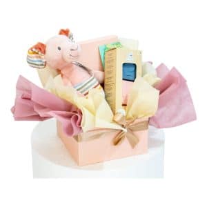Baby gift box with piglet plush toy and natural rubber teether in a pastel pink box with pink and yellow tissue paper