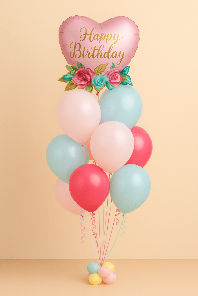Heart-shaped pink birthday balloon with gold text, floral accents, and pastel latex balloo