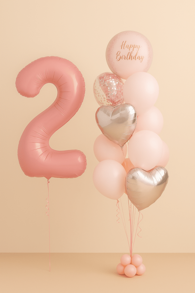 Pink number 2 balloon with pink and silver heart-shaped balloons, pink latex balloons, and a confetti-filled transparent balloon.