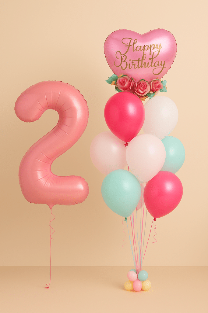 Pink number 2 balloon with a heart-shaped foil balloon with “Happy Birthday” text and colorful latex balloons.
