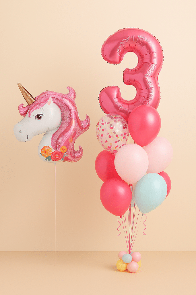 Balloon bouquet with a large pink unicorn head foil balloon, a pink number “3” foil balloon, and 10 latex balloons in pink, blue, and confetti-filled designs.