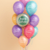 Balloon bouquet with a holographic “Happy Birthday” foil balloon surrounded by 15 colorful pastel latex balloons printed with “Happy Birthday”.