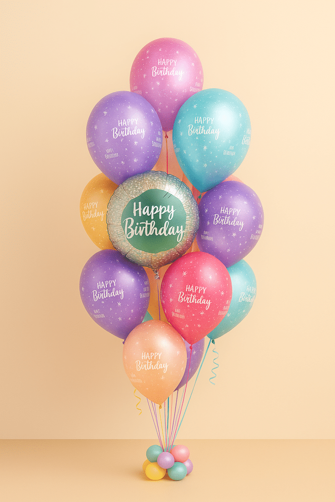 Balloon bouquet with a holographic “Happy Birthday” foil balloon surrounded by 15 colorful pastel latex balloons printed with “Happy Birthday”.