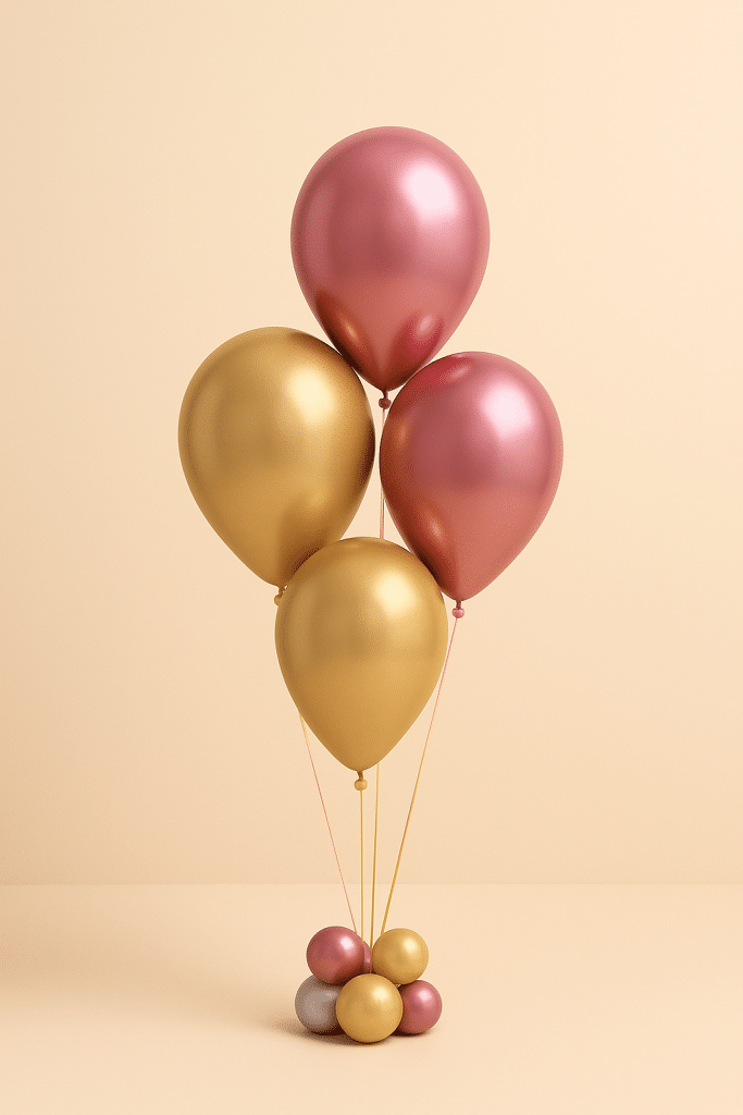 Elegant balloon bouquet featuring rose gold and gold latex balloons, arranged with a mix of small decorative balloons at the base, perfect for stylish celebrations.