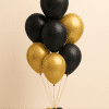 Balloon bouquet featuring 8 latex balloons in black and gold tones with a matching small balloon base.