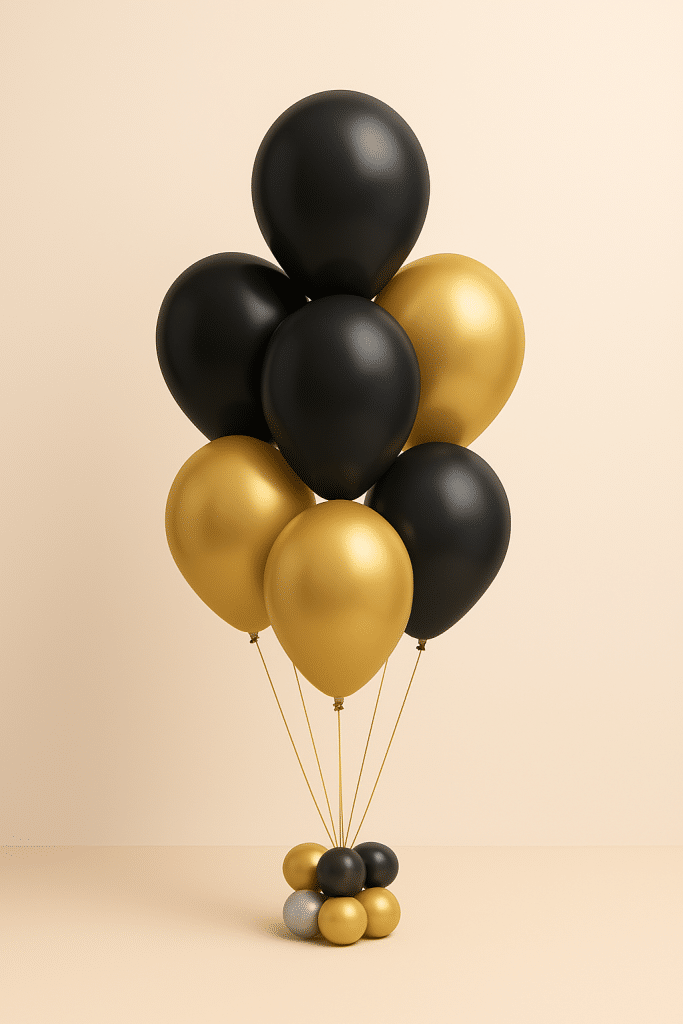 Balloon bouquet featuring 8 latex balloons in black and gold tones with a matching small balloon base.