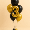 Number 3 balloon bouquet with gold and black latex balloons and matching balloon base.