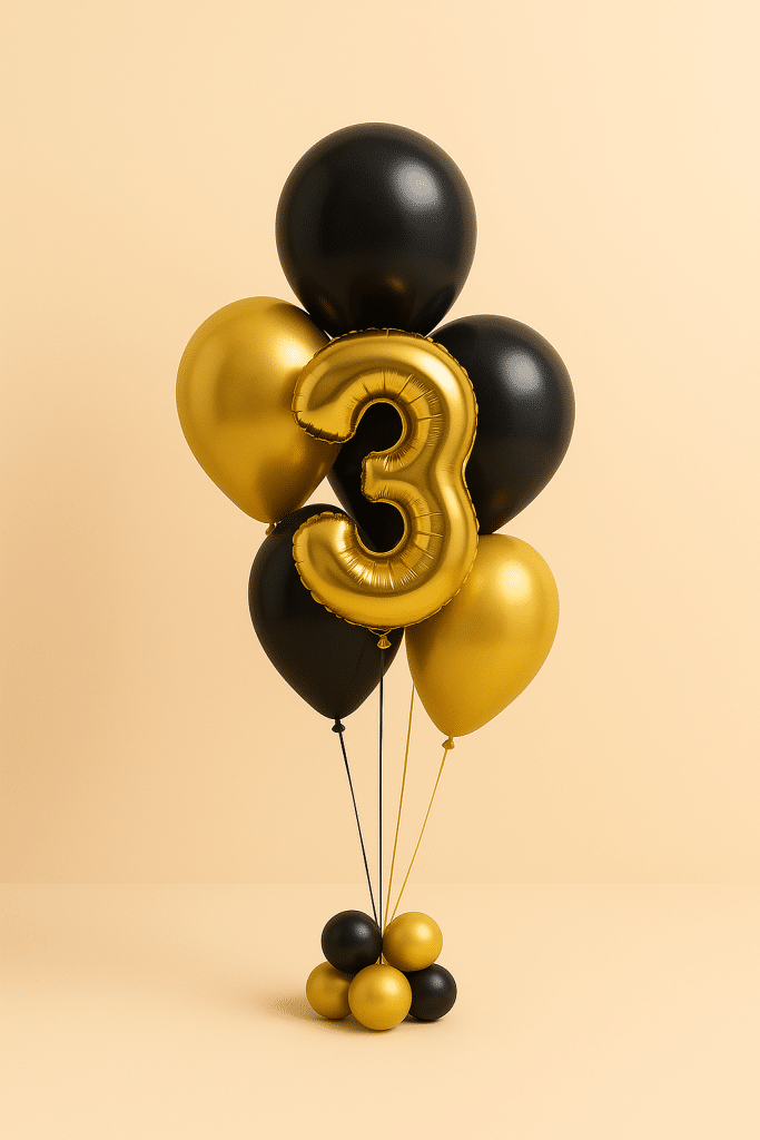 Number 3 balloon bouquet with gold and black latex balloons and matching balloon base.