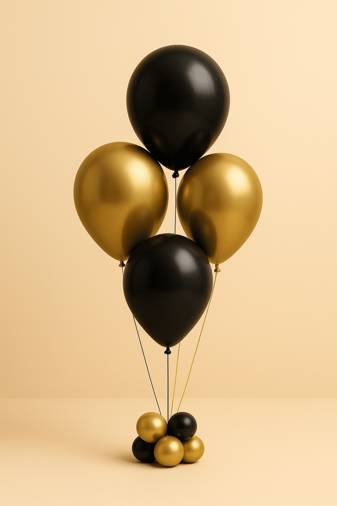 Elegant black and gold balloon arrangement with a matching balloon base.