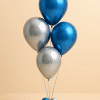 Blue and silver balloon arrangement with a matching base.
