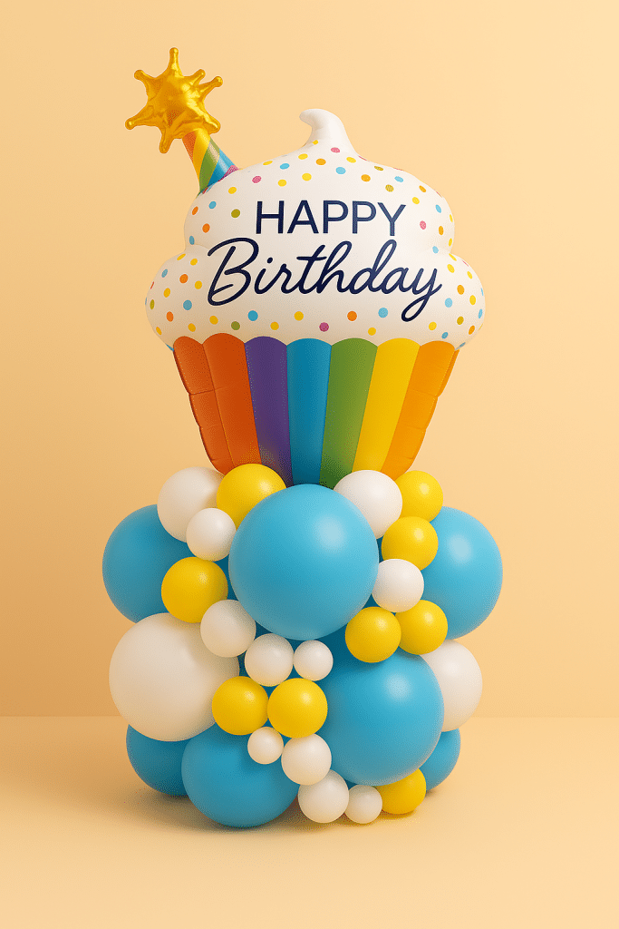 Rainbow cupcake-themed foil balloon arrangement with base of bright blue, yellow, and white latex balloons, creating a fun and vibrant birthday display against a peach background.