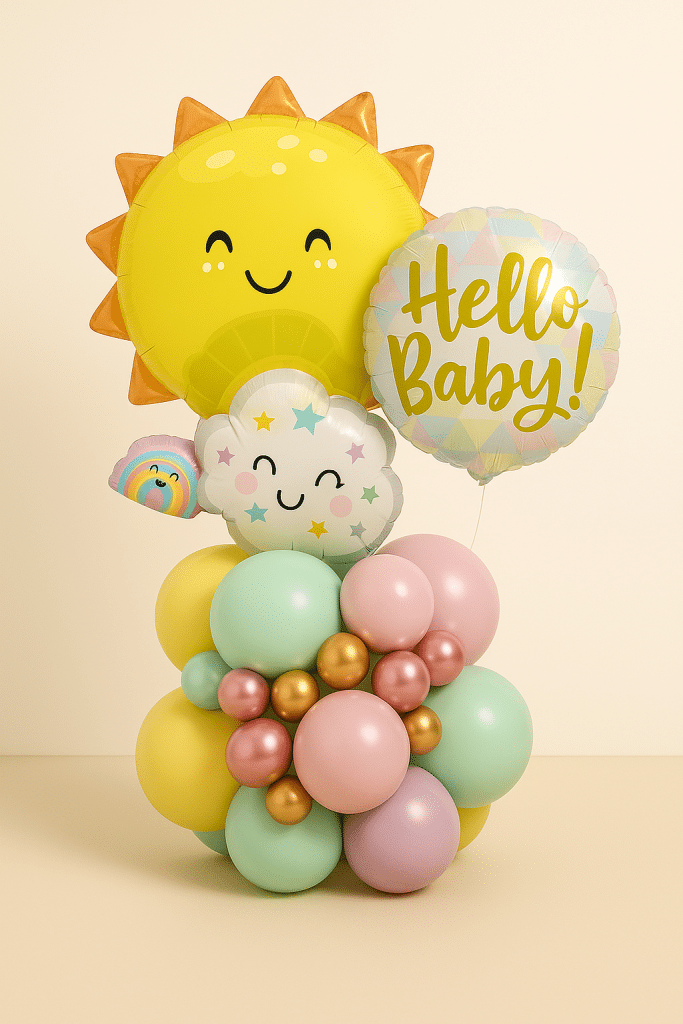 Pastel baby-themed balloon arrangement featuring a smiling sun, “Hello Baby” round foil balloon, and cloud with stars, on a base of mint, pink, yellow, lilac, and metallic balloons.