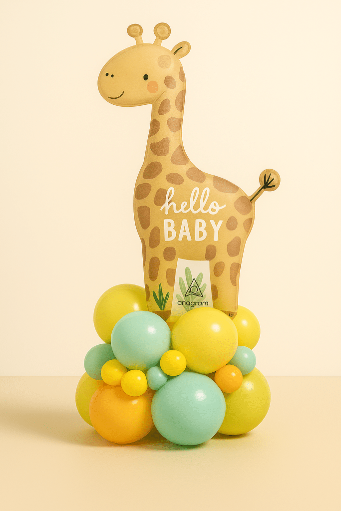 Baby giraffe-themed balloon arrangement with a “Hello Baby” foil topper and pastel base in yellow, mint green, orange, and mini accent balloons, perfect for baby showers or newborn gifts.