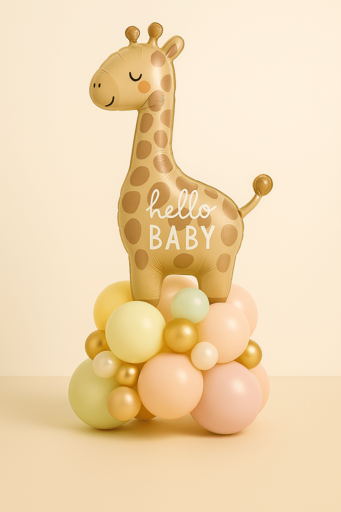 Pastel baby balloon tower with large “Hello Baby” giraffe foil balloon, set on a base of blush pink, yellow, mint, ivory, and gold latex balloons — ideal for gender-neutral or baby girl celebrations.