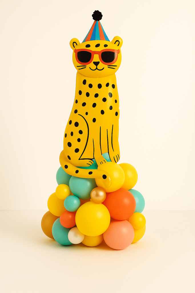 Balloon tower featuring a large party cheetah foil balloon wearing sunglasses and a hat, standing on a vibrant base of yellow, teal, orange, gold, coral, and white latex balloons.