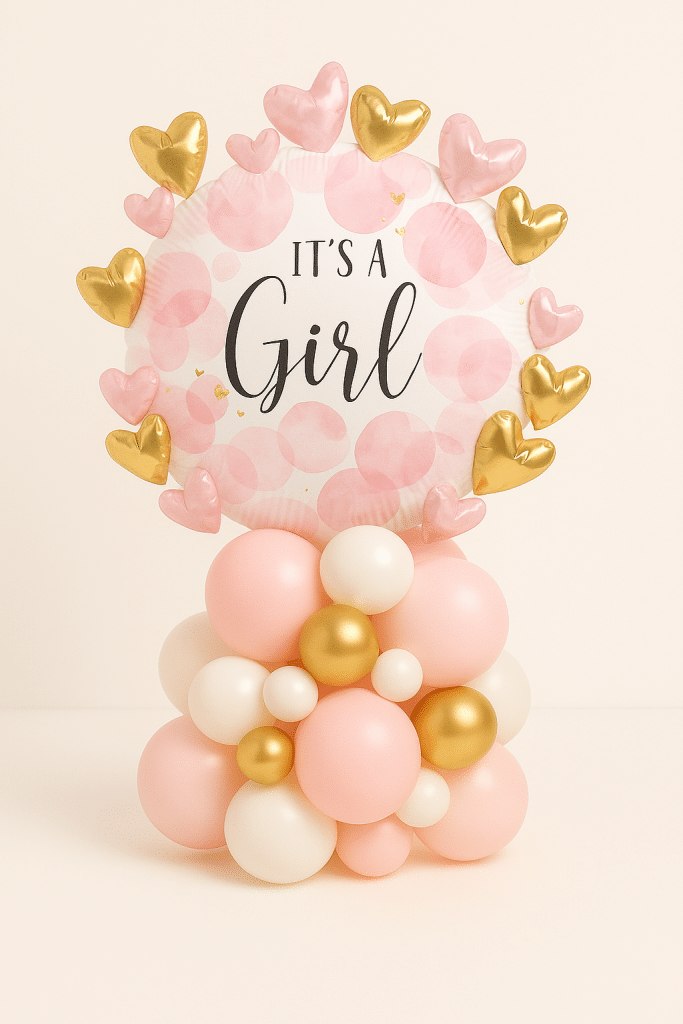 “It’s a Girl” pink and white balloon arrangement with heart foil accents in gold and pink, placed on a pastel base of blush, ivory, and gold balloons — perfect for baby girl celebrations.