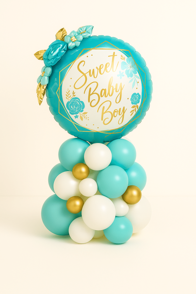 “Sweet Baby Boy” floral balloon tower in teal and gold, featuring a round foil topper with decorative flowers and a latex balloon base in teal, white, and gold — perfect for baby showers or newborn gifts.