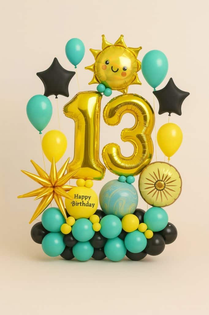 Balloon display with large gold “13” foil balloons, smiling sun foil, starburst accent, and “Happy Birthday” message, all set on a base of yellow, turquoise, and black balloons with space-themed elements.