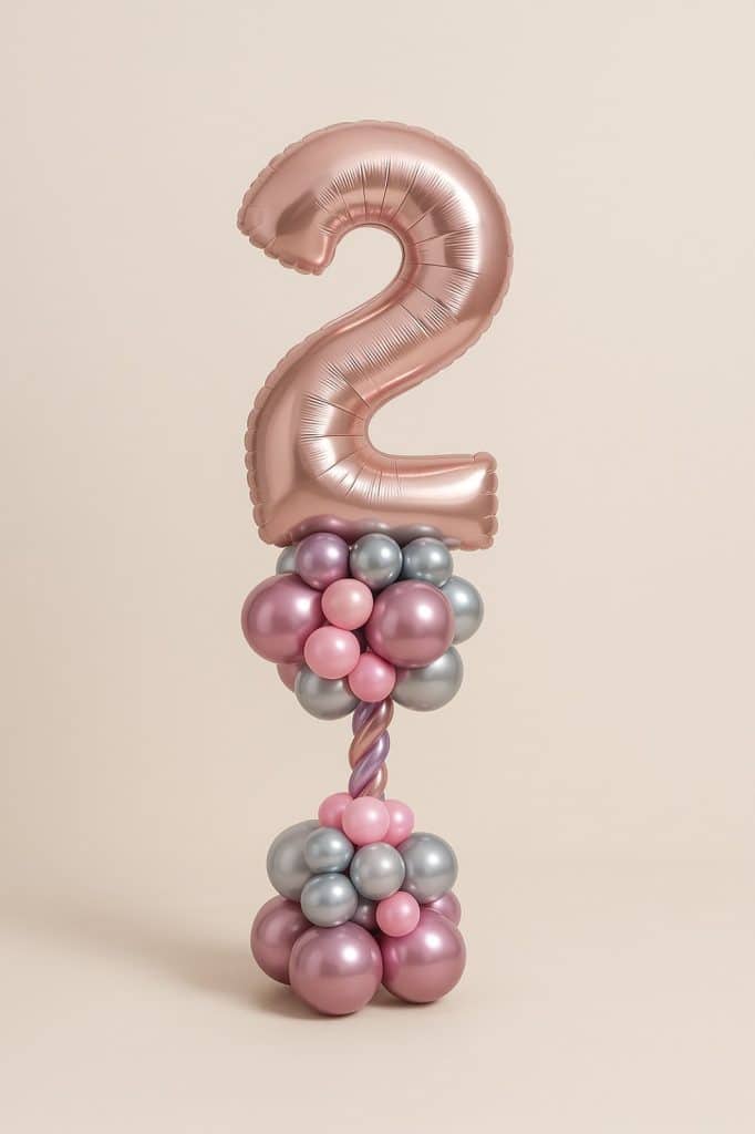 Balloon tower with rose gold number 2 foil balloon, standing on a pink and silver base with a pastel twisted stem and shiny chrome accents.