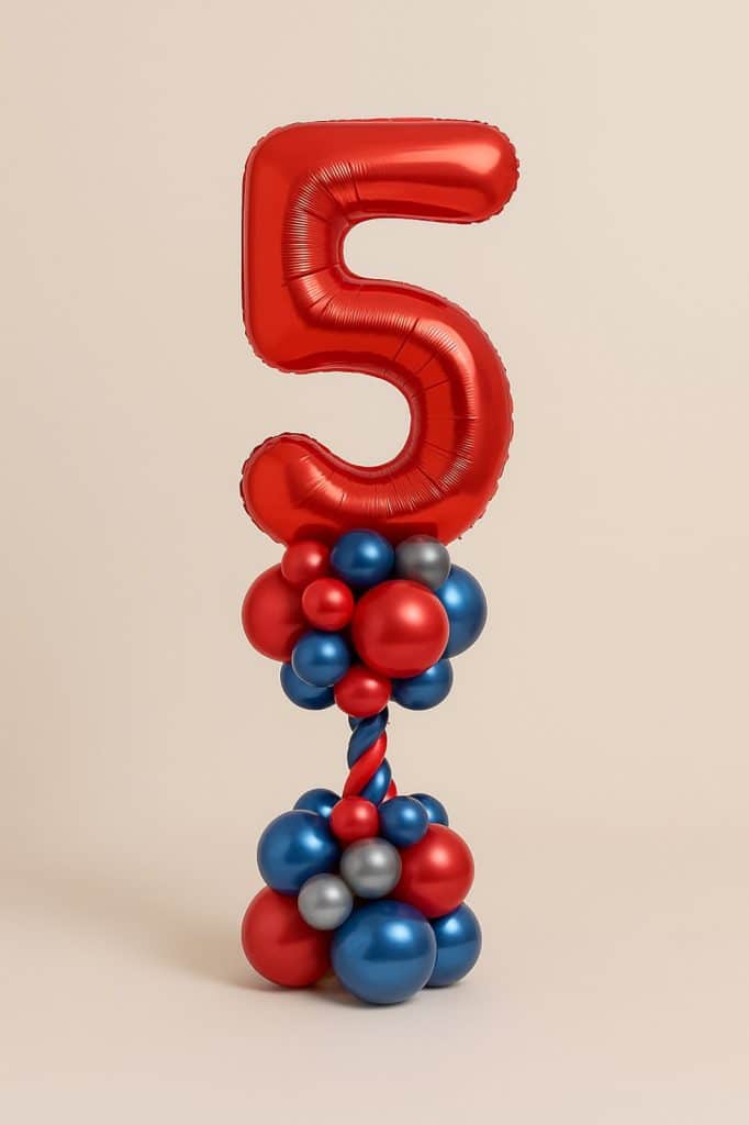 Balloon tower with a large red number 5 foil balloon, featuring a base and twisted column of red, blue, and silver balloons.