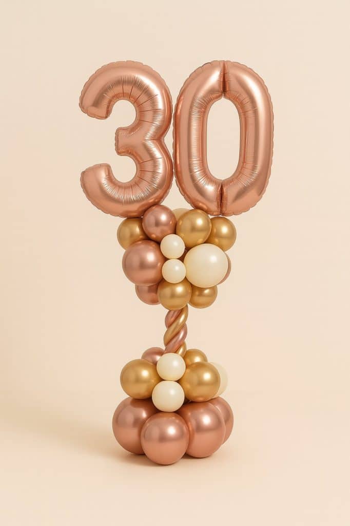 Balloon arrangement with rose gold number 30 balloons on a blush, gold, and ivory balloon base with spiral column.