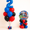 Superhero birthday balloon set with blue number balloon bouquet and matching red blue and black character balloon tower