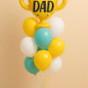Balloon bouquet with yellow “#1 Dad” trophy foil balloon and latex balloons in yellow, turquoise, and white on a mini balloon base.