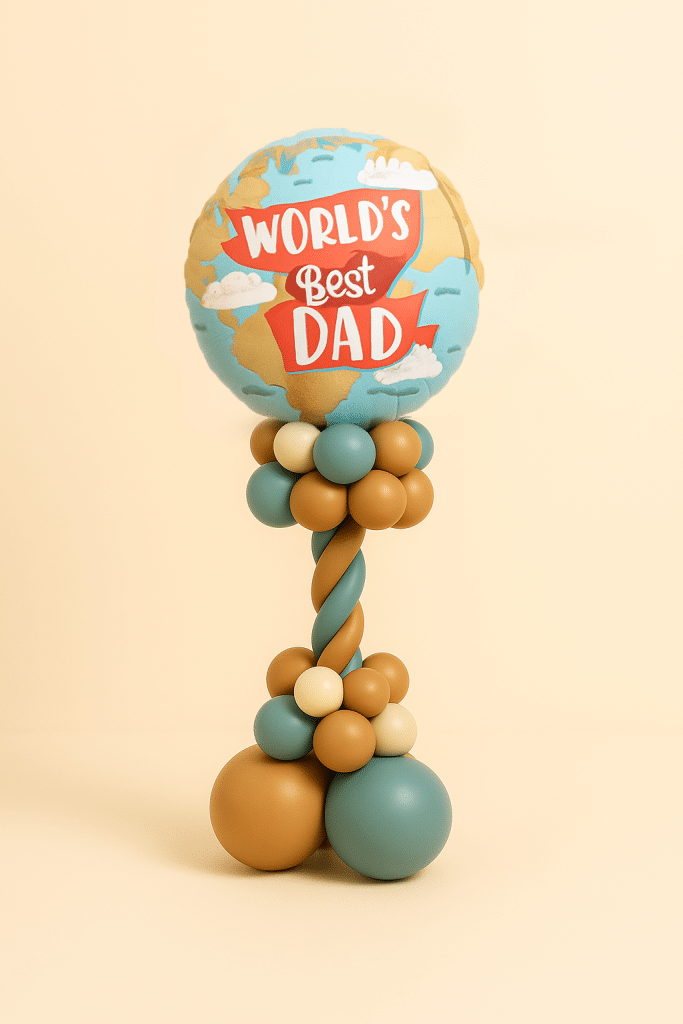 Balloon tower with “World’s Best Dad” foil globe balloon on a teal, gold, and ivory twisted balloon column and base.