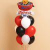 Balloon bouquet with BBQ grill “Happy Father’s Day” foil balloon and latex balloons in red, black, and white on a mini balloon base