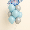 Balloon bouquet with ice princess foil balloon and latex balloons in icy blue and silver on a mini balloon base.