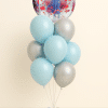 Balloon bouquet with Frozen princess bubble foil balloon and latex balloons in icy blue and silver on a mini balloon base.