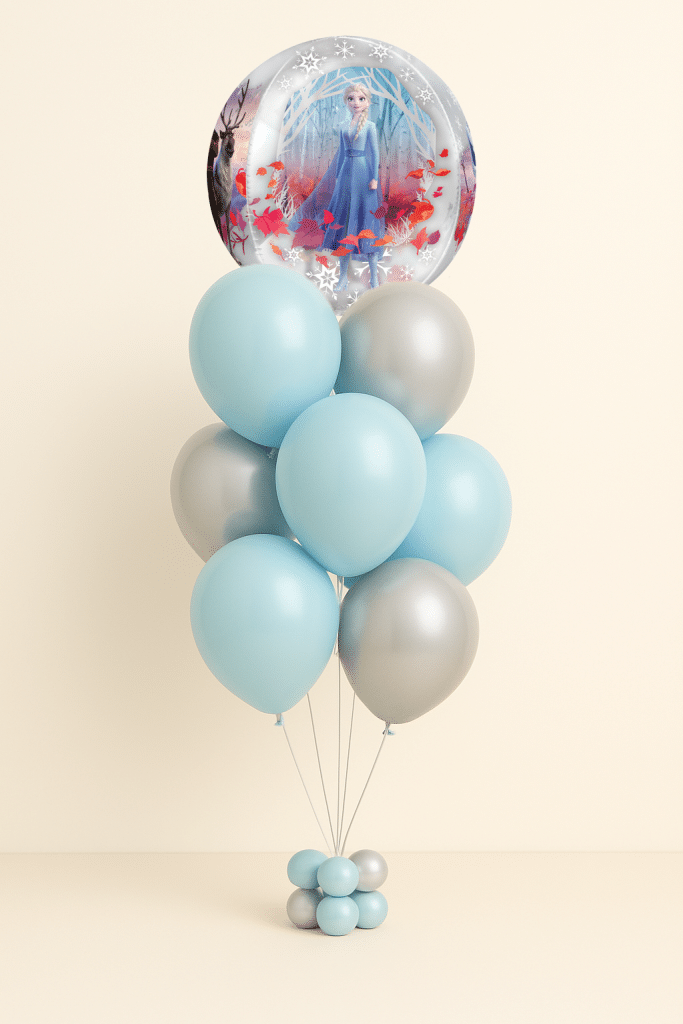 Balloon bouquet with Frozen princess bubble foil balloon and latex balloons in icy blue and silver on a mini balloon base.