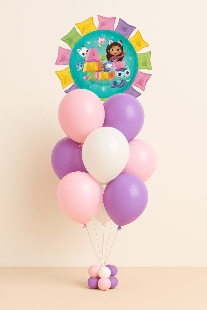 Gabby’s Dollhouse balloon bouquet with themed foil balloon and latex balloons in pink, purple, and white with balloon base.